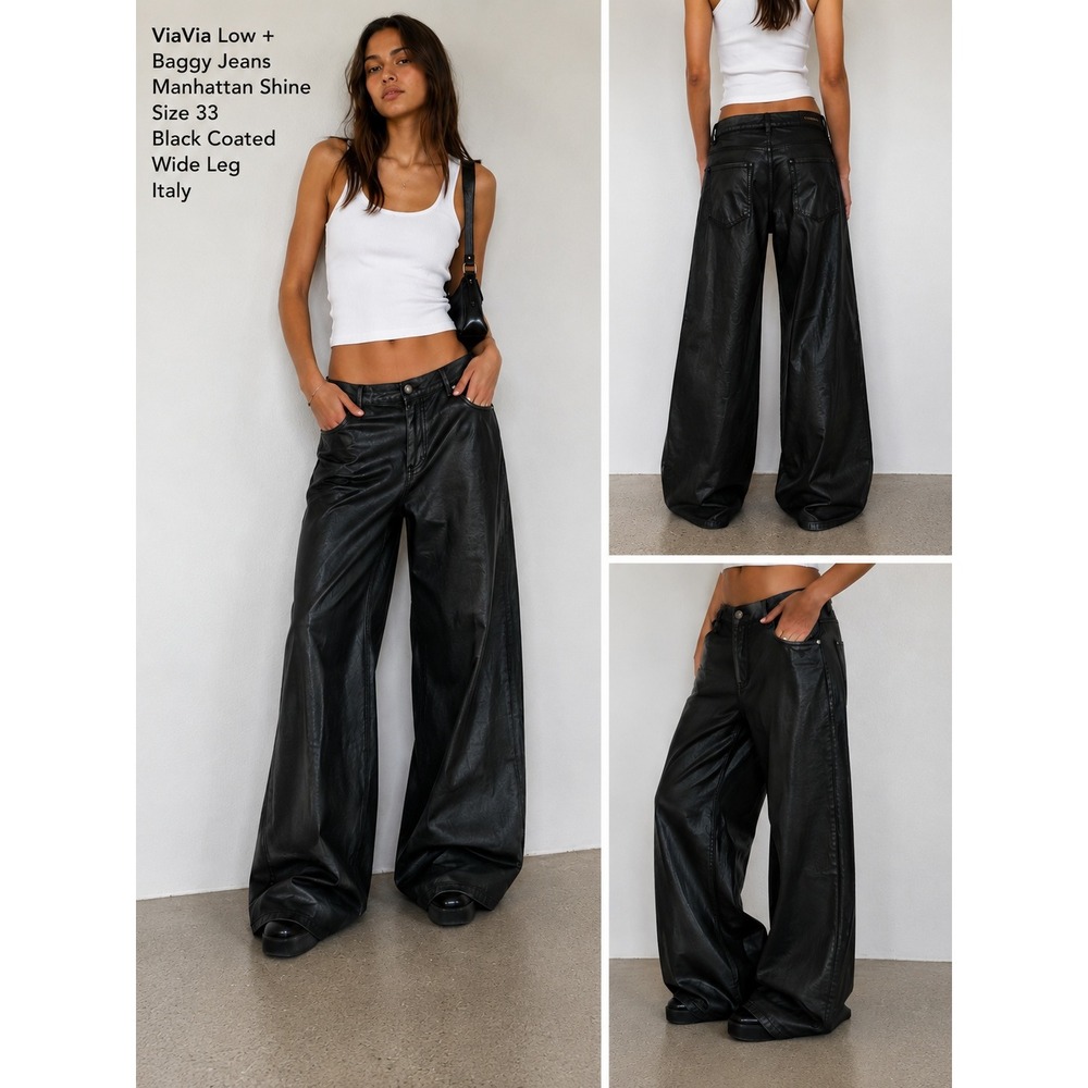 VIAVIA Coated Wide Leg Jeans Women 37 Black Excellent Metallic Faux Leather Look